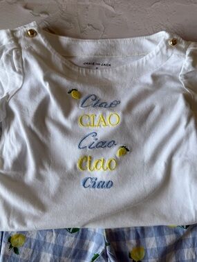 Janie and Jack White 'Ciao' Embroidered Top with Lemon Detail pants set